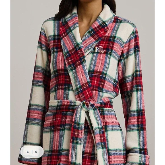 Ralph Lauren Women's Plush Soft Plaid Shawl-Collar Robe Cream Red MEDIUM NEW